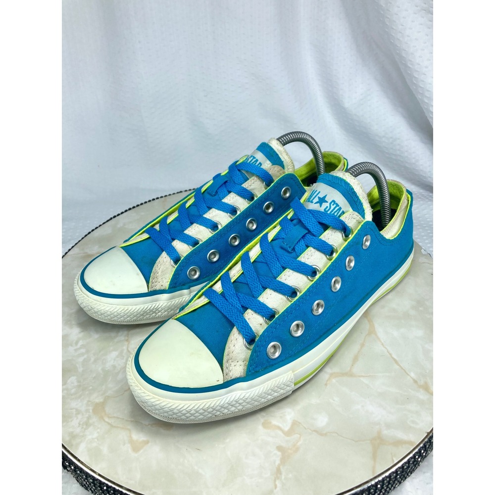 Converse Low Top Double Tongue Shoes Womens Sz 9 Blue Lime Green Canvas Sneakers - Picture 5 of 12